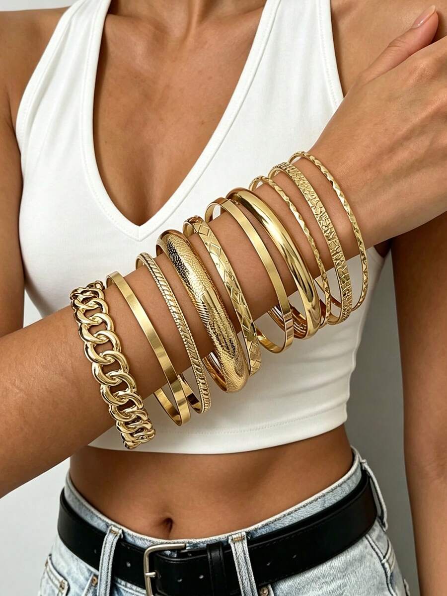 10/7pcs Vintage Exaggerated Glamorous Geometric Twisted Hollow Wide Gold Bracelet Set, Suitable For Women's Daily Casual, Party, Vacation Wear, Holiday Gift - Gold - View 1
