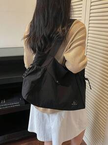 Solid Color Large Capacity Nylon Fabric Shoulder Tote Shopping Bag, Multi-Pocket Design, Mother's Day Gift For Mom, Commute Travel Minimalist Fashion Versatile - Black - View 6