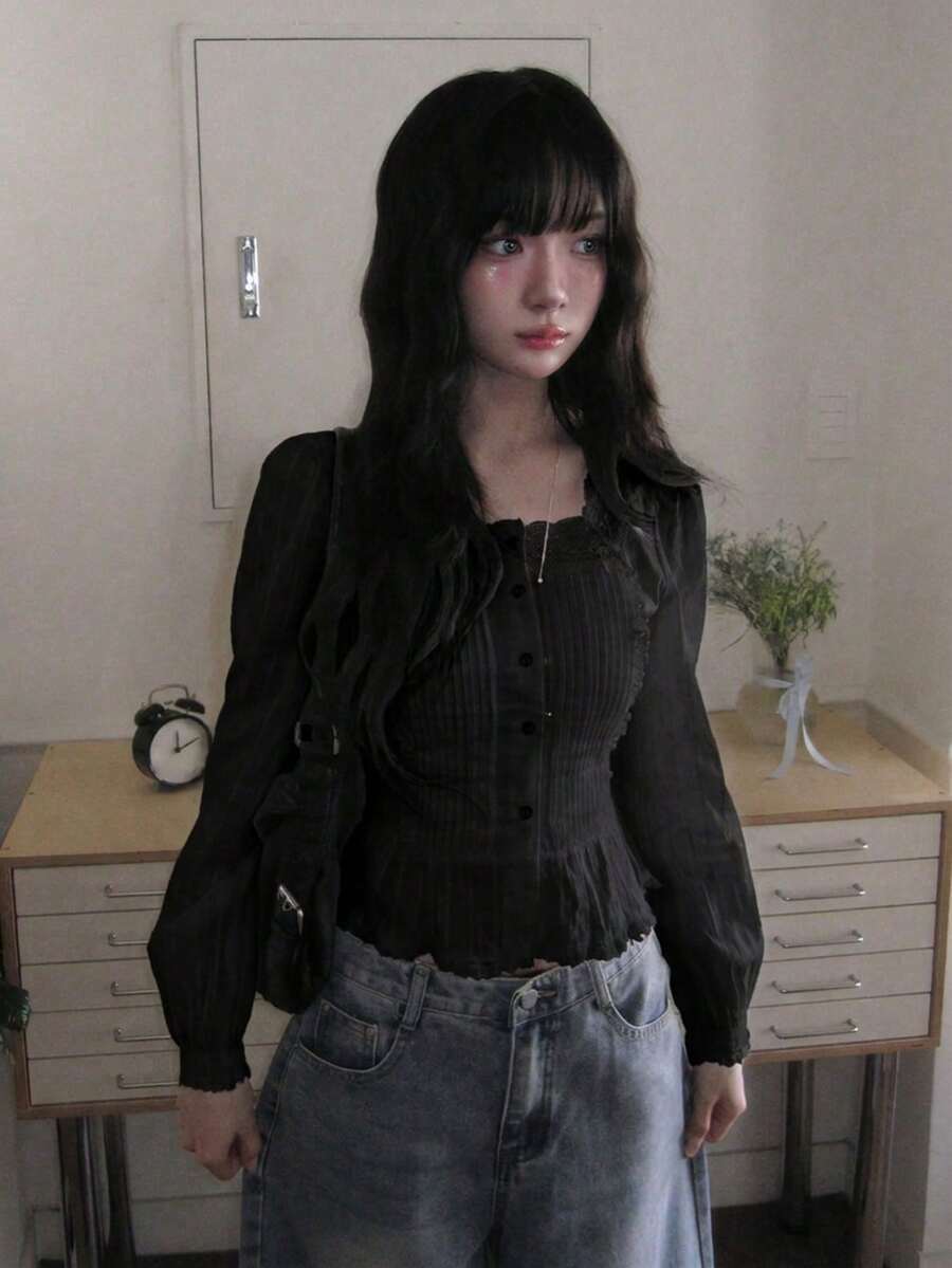 Women's French Lace Pleated Long Sleeve Blouse - Black - View 1