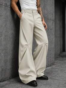 Men's Casual Loose Wide Leg Pants, Geometric Patchwork And Button Detail Straight Leg Long Pants, Streetwear Style For Daily Wear And Outings - Beige - View 5