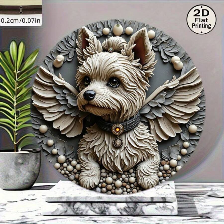 2D Flat 8-Inch Metal Wall Round Plaque | 1pc, Angel Yorkshire Terrier 3D Embossed Art Plaque, Cute Winged Yorkshire Terrier Wall Decor, Pet Lover Gift, Home Decor