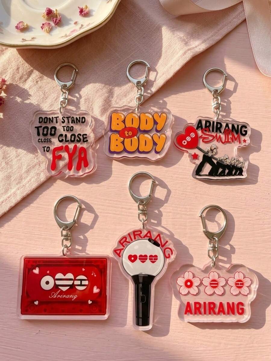 1pc/6pcs BangTang K-Pop Theme Fan Support Pattern Keychain, Cute Asymmetrical Shaped Metal Butterfly Buckle Functional Pendant Decoration, Suitable For Fan Meetings, Concert Support, Birthday Gifts, Student Backpack Decoration, Merchandise Collection, Holiday Celebration And All-Season Use - Multicolor - View 1
