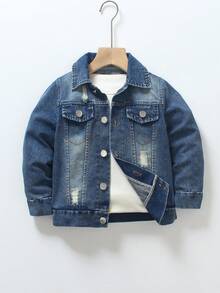 Jaket Denim Biru Anak Laki-laki, Gaya Kasual Musim Semi/Gugur Klasik, Model Longgar dengan Efek Lusuh dan Serbaguna, Atasan Luar yang Bergaya - Biru - View 3
