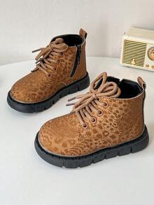Kids' Dark Leopard Print Ankle Boots, Round Toe Anti-Collision Lace-Up Design, Versatile British Style Boots For Outdoor Wear - Black - View 2