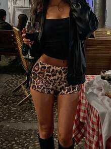 Women Low-Rise Sequin Leopard Print Hot Pants, Form Fitting Party Clubwear Shorts Summer - Chocolate Brown - View 3