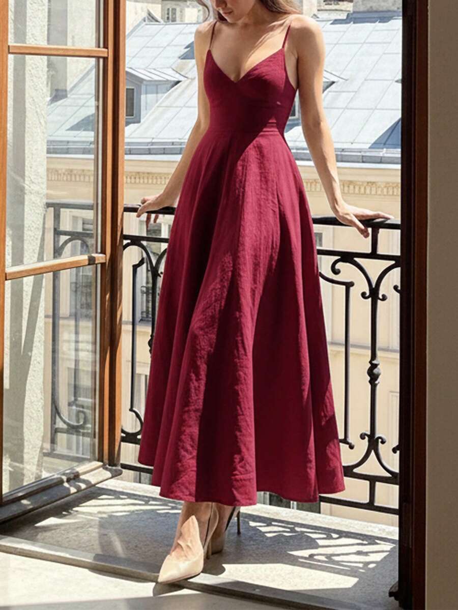 QUNGIGU Women's Elegant Spaghetti Strap Midi Dress V-Neck Linen Textured Backless High Waist Summer Beach Wedding Guest - Burgundy - View 1