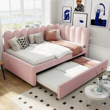 L-Shaped Upholstered Bed, 140x200 Cm Sofa Bed With Floral Backrest And Pull-Out Bed In Beige Velvet Fabric - Pink - View 3