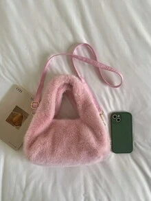 時尚毛茸茸波希米亞風格側背包，簡約托特包，女款可愛手提包與錢包，適合冬季 - 粉色 - 查看 3
