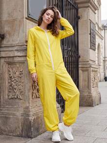 Women Windproof Jumpsuit With Hood Simple Solid Color Long Sleeve Zip-Up Pants Romper For Daily Cosplay Party - Yellow - View 2