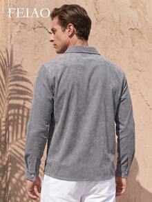 Men's Vintage Corduroy Long Sleeve Button-Down Shirt, Suitable For All Seasons, Casual Fashion - Grey - View 2