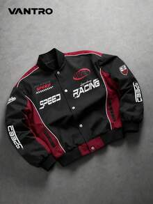 Matte Black American Racing Style Stand Collar Baseball Jacket, Burgundy Contrast Color Racing Letter Print Stand Collar Baseball Jacket, Niche American Hip-Hop High Street Jacket, Racing Element All-Over Print Baseball Windbreaker, Slim Fit Slightly Loose For Men - black red - View 1