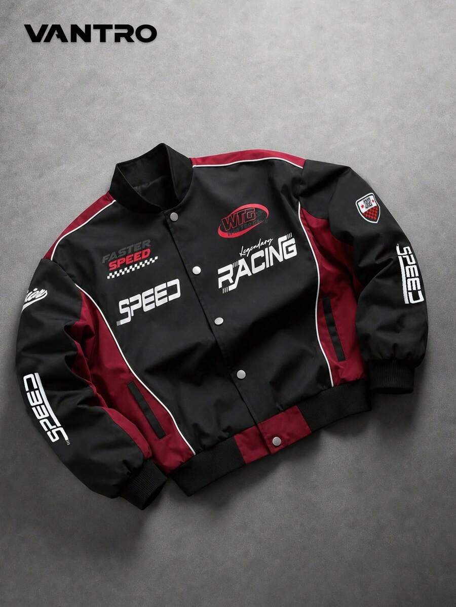 Matte Black American Racing Style Stand Collar Baseball Jacket, Burgundy Contrast Color Racing Letter Print Stand Collar Baseball Jacket, Niche American Hip-Hop High Street Jacket, Racing Element All-Over Print Baseball Windbreaker, Slim Fit Slightly Loose For Men - black red - View 1