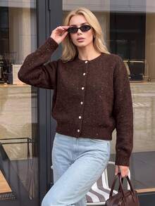 Nicenter Women's Round Neck Casual Autumn/Winter Cardigan, Short Ribbed Hem Sequin Decor Wool Blend Sweater, Women's Autumn Outfit, Suitable For Daily Shopping, Dating, Christmas, Halloween - Chocolate Brown - View 8