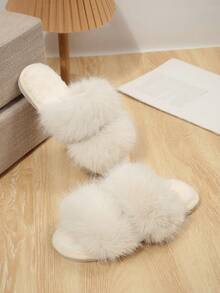 Women's Double Strap Faux Fur Open Toe Slippers, Soft Fluffy Plush House Slides, Lightweight Comfortable Warm Indoor Home Shoes - Beige - View 3