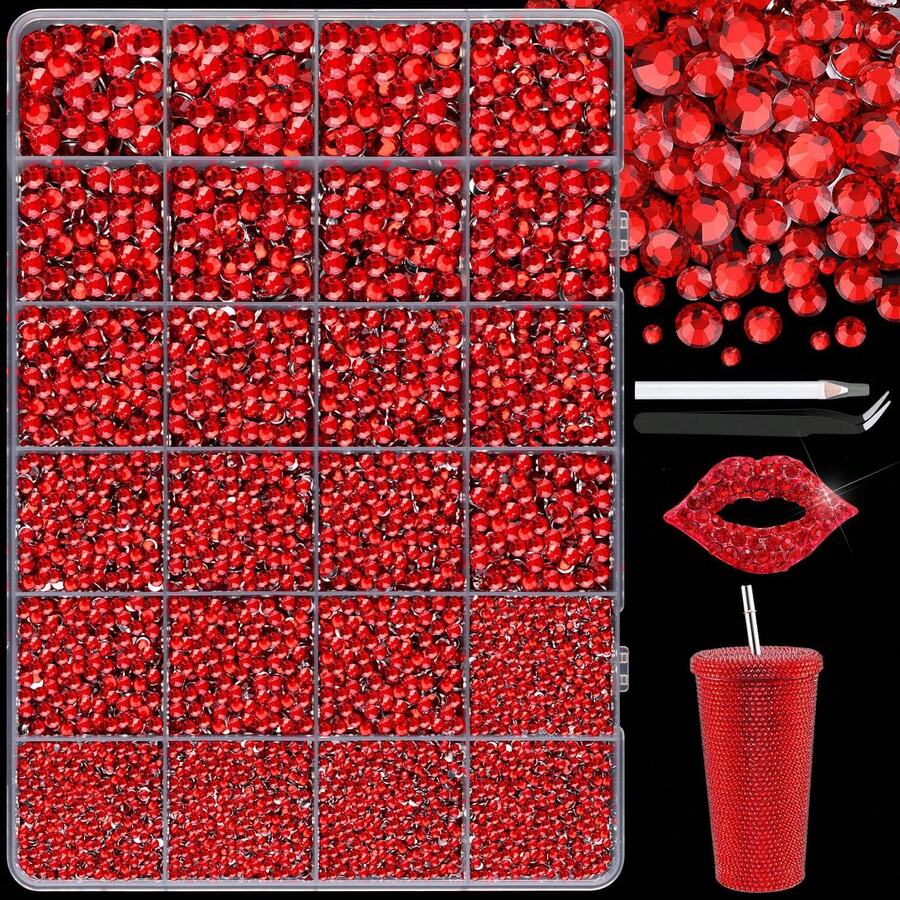 1 Box Red Resin Rhinestone Set, Multi-Size Black Rhinestones With Pickup Pen And Tweezers, Suitable For DIY Nail Art, Halloween And Party Decoration - B - View 1