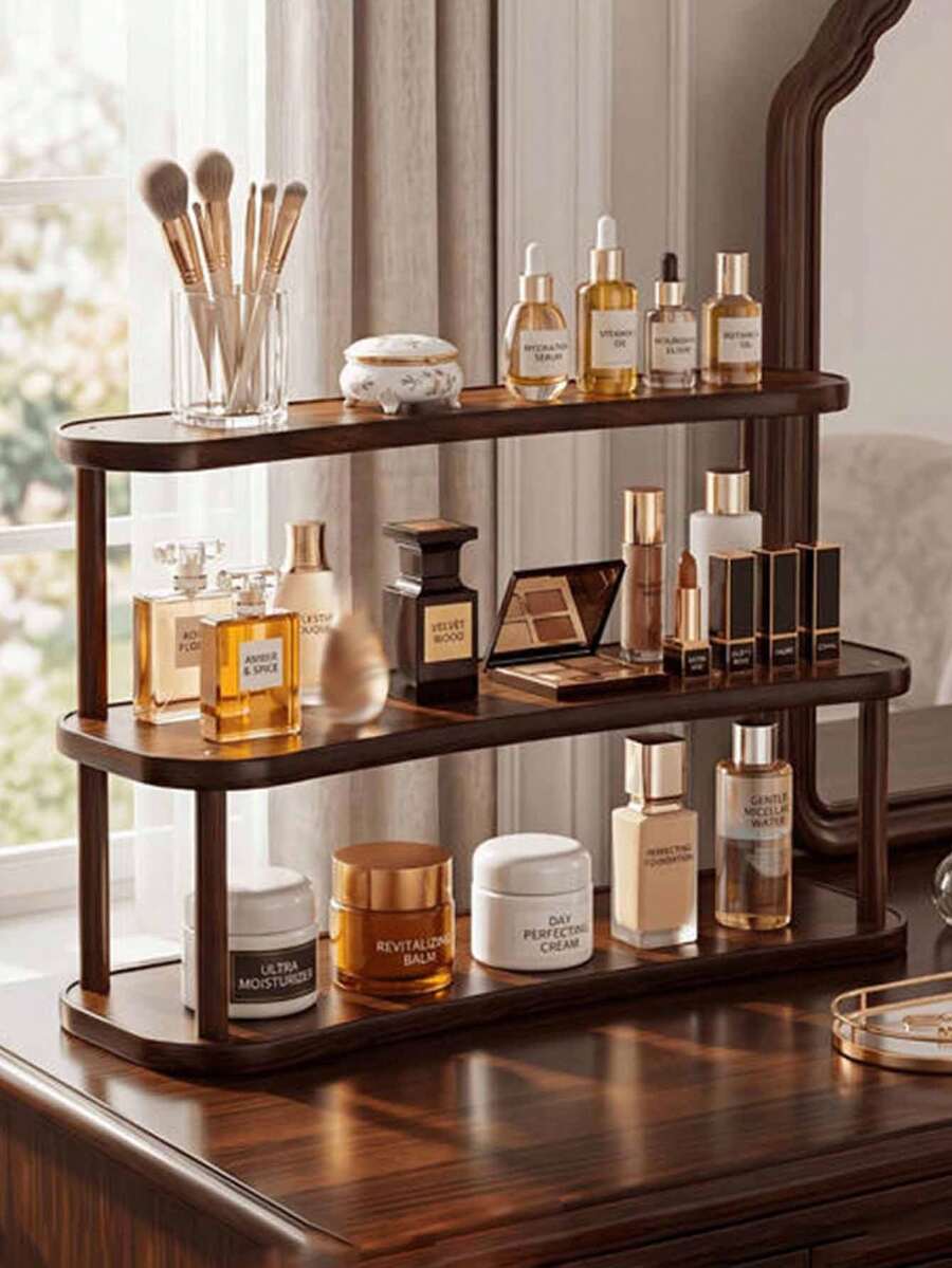 Three-Tier Wooden Shelving Unit, Desktop Cosmetics Organizer, Beauty And Skincare Product Display Rack, Multifunctional Countertop Organizer, Suitable For The Kitchen, Bedroom, Bathroom, And Home Organization, Freestanding Shelving Unit - Multicolor - View 1