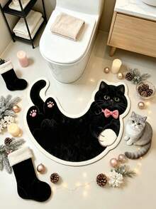 1 pieza Alfombra de piso con patrón de gato negro con lazo, alfombra de baño, alfombra de baño, felpudo, alfombra pequeña, alfombra, alfombra de piso, decoración del hogar, alfombra de área, alfombra exterior, decoración del hogar, alfombra de área, alfombra de dormitorio, alfombra lavable - Multicolor - Ver 2