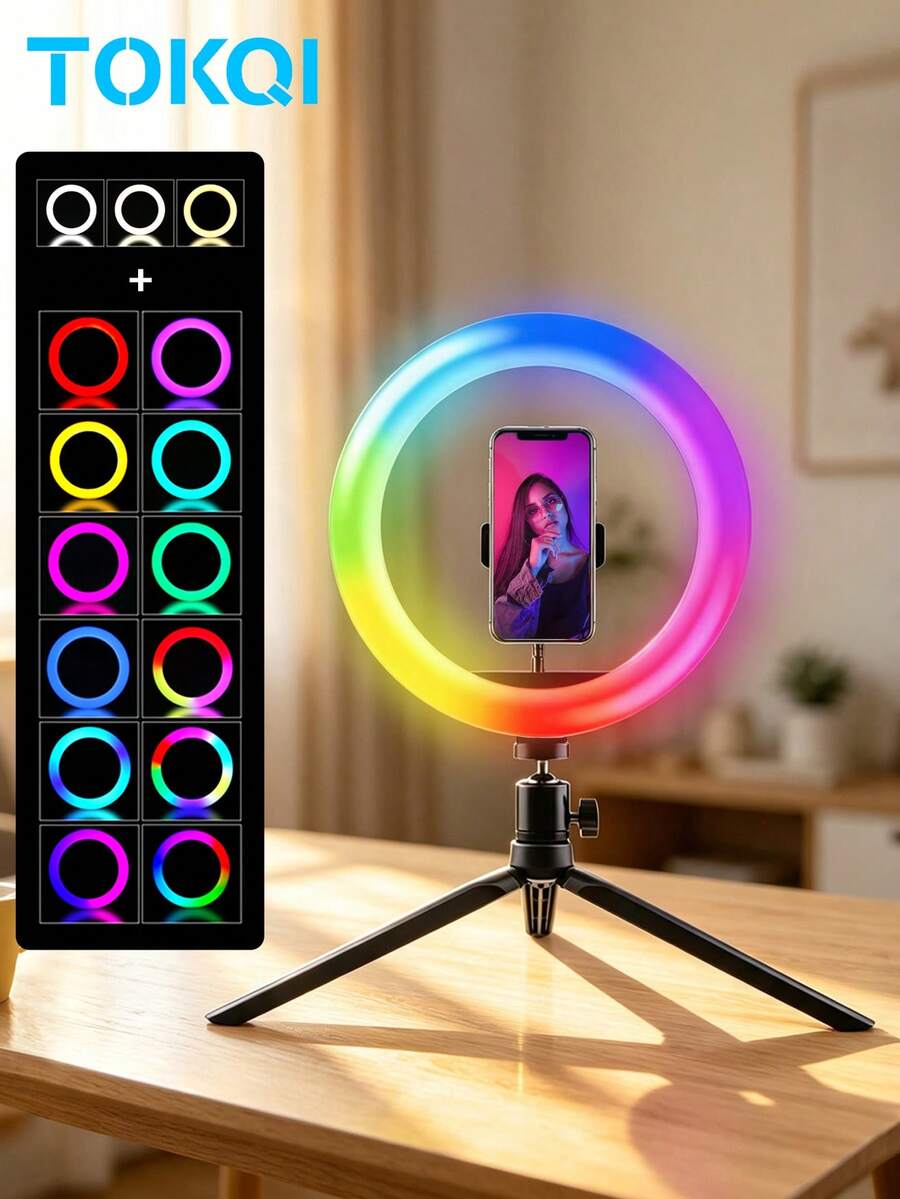 10-Inch Adjustable Lighting Kit, Live Streaming Beauty Light With Tripod Stand And Flexible Phone Holder, Video Fill Lamp For Handheld Selfie, Outdoor Activities Suitable For Photography, Video Recording, Live Streaming,Photography, Makeup ,Selfie - Black - View 1