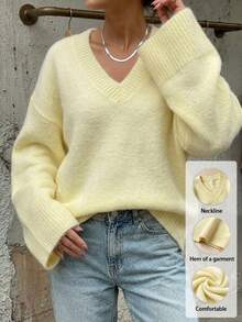 Women's Wool Blend Elegant Sweater, Relaxed Soft V-Neck Oversized Sweater, Versatile For Commute, Early Autumn, Layering, Daily Wear, And Dates Yellow - Yellow - View 4