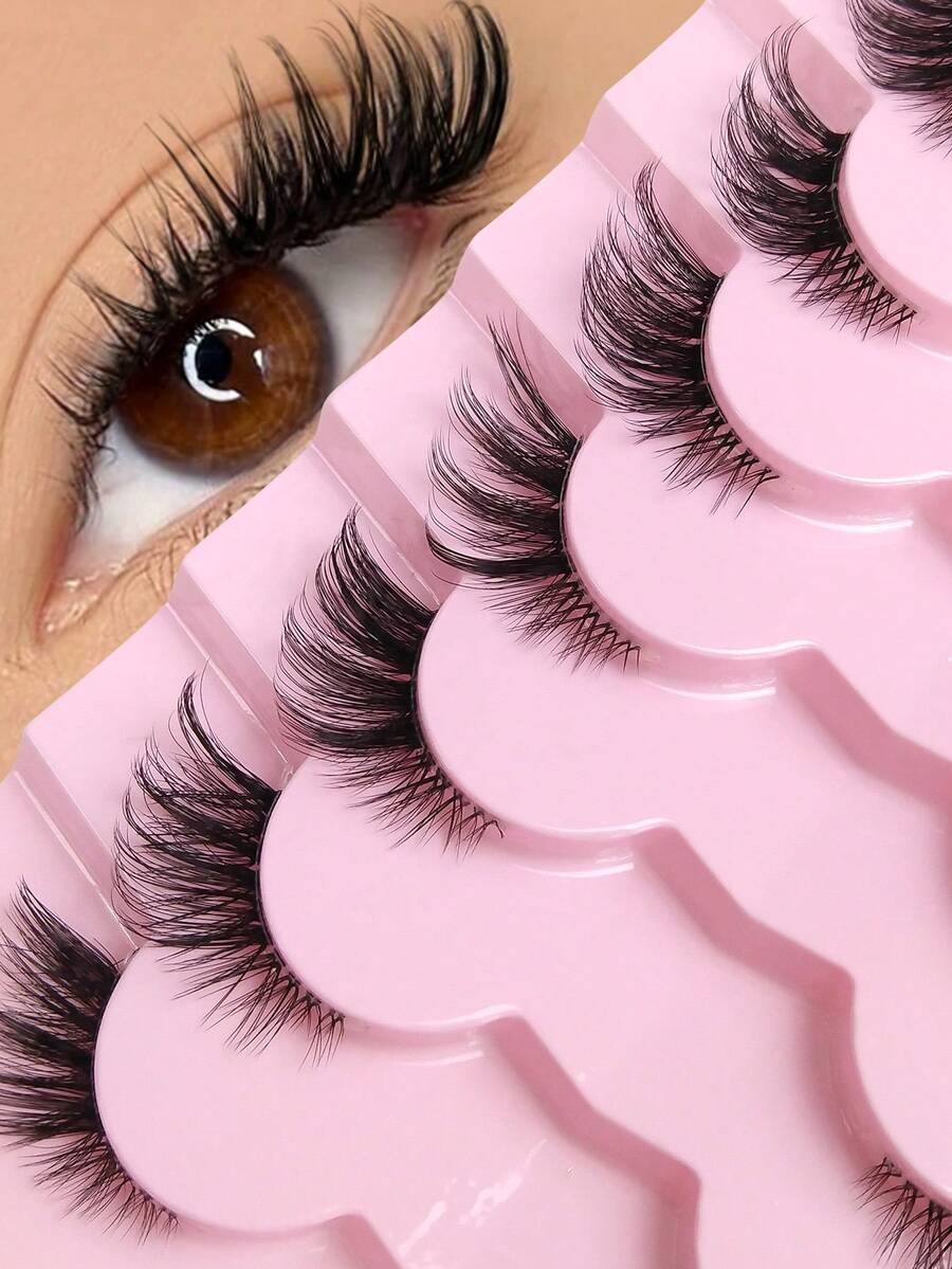 7 Pairs Half Lashes Wispy Thin Band Short Cat Eye Lash Natural Look Fluffy Handmade False Eyelashes Lightweight End Eye Elongated Half Eyelashes For Parties And Daily Makeup