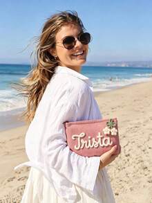 Custom Name Embroidered Corduroy Makeup Bag, Personalized Text Cosmetic Storage Pouch, Soft Travel Toiletry Organizer, 2pcs - Multicolor - View 2
