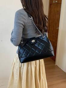 女款時尚大容量單肩托特包，極簡純色，斜挎，通勤旅行通用鏈條包 - 黑色 - 查看 4