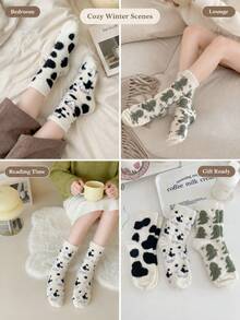 Soft And Comfortable Plush Socks Featuring Various Patterns, Including Cow Prints And Cartoon Dinosaurs; These Soft, Fluffy, And Cozy Indoor Socks Are Perfect For Lounging At Home Or In The Dorm, As Well As For Autumn, Winter, And Everyday Wear. - Multicolor - View 8