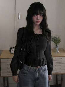 Women's French Lace Pleated Long Sleeve Blouse - Black - View 2