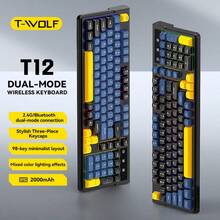T-WOLF Keyboard Bluetooth Nirkabel Dual-Mode, Keyboard Gaming Backlit Isi Ulang, 98 Tombol, Tutup Tombol Warna-Blok Senyap yang Dapat Disesuaikan - View 1