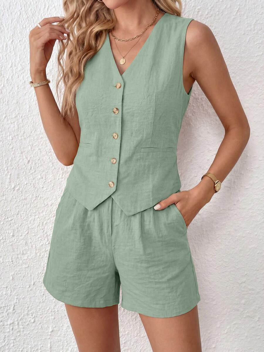 PRETTYGARDEN Women's Summer Clothes Tanktop 2 Piece Sets Outfits Sleeveless Matching Button Down V Neck Vest Waistcoat And Pockets Going Out Short Sets Vacation - 淺綠色 - 查看 1