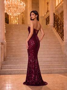 Autumn/Winter Elegant Luxury Full Sequin Mermaid Long Evening Dress, Waist-Cinching Boning Pleated Elastic Fabric, Strapless Heart-Shaped Neckline, Suitable For Parties, Balls And Nightclubs - Burgundy - View 2