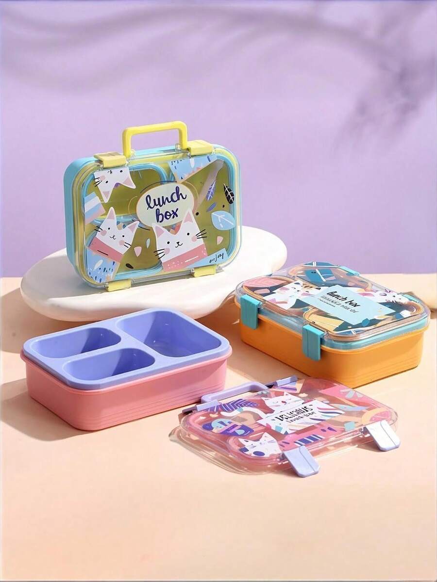 1pc Cartoon Divided Lunch Box/Fruit Bowl/Back To School Essential/PP Material/Thick Bottom/800ml Capacity - Multicolor - View 1