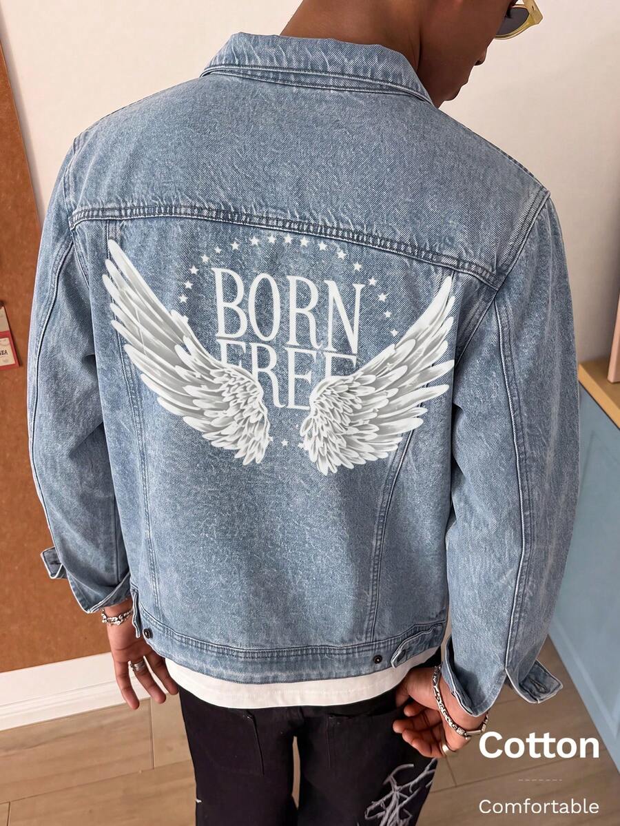 Men's Light Blue Denim Jacket, Angel Wings Graphic, White Ink Direct-To-Garment Print, Y2K Style - Light Denim Blue - View 1