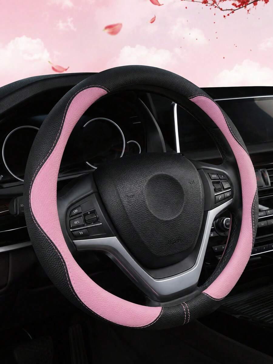 1PC Black Pink PU Leather Steering Wheel Cover, Cute Feminine Car Interior Accessories, Stylish Color Block Round Auto Decor With Soft Textured Grip, Premium Stitched Universal Fit Steering Wheel Protector For Women Daily Commute Road Trip - A - View 1