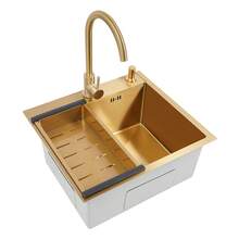 DONSU Küchenspülen-Set aus goldfarbenem PVD-Edelstahl mit Wasserhahn, Seifenspender und Abflusskorb, rechteckige Arbeitsplatte 50 x 45 cm - Einheitsgröße - Übersicht 5