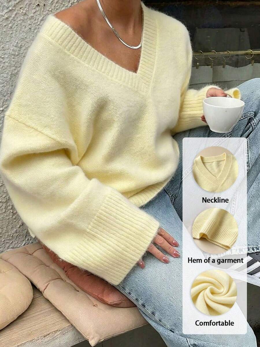 Women's Wool Blend Elegant Sweater, Relaxed Soft V-Neck Oversized Sweater, Versatile For Commute, Early Autumn, Layering, Daily Wear, And Dates Yellow