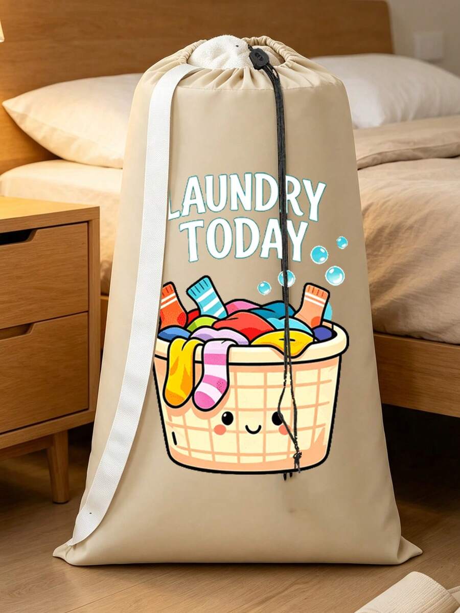 Extra Large Capacity Laundry Bag With Shoulder Strap And Durable Drawstring, Printed With LAUNDRY And Laundry Basket Pattern, Multi-Purpose Rectangular Woven Laundry Bag, Suitable For Home And Travel Storage, Portable Travel Storage Bag, Durable Drawstring, Home Canvas Storage Bag, Ideal For Travel/Dorm, Essential For Back To School/Graduation Season, Necessary Gift For Friends And Family, Back To School Gift - Multicolor - View 1
