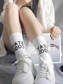 3/6 pares de calcetines de invierno para mujer con estampado de letras, suaves y transpirables, estilo minimalista para volver a la escuela - Multicolor - Ver 8