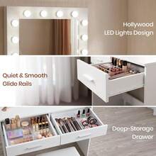 White Dressing Table Set With LED Lights Mirror, Vanity Makeup Table 2 Large Drawers And Stool - 白色 - 查看 3
