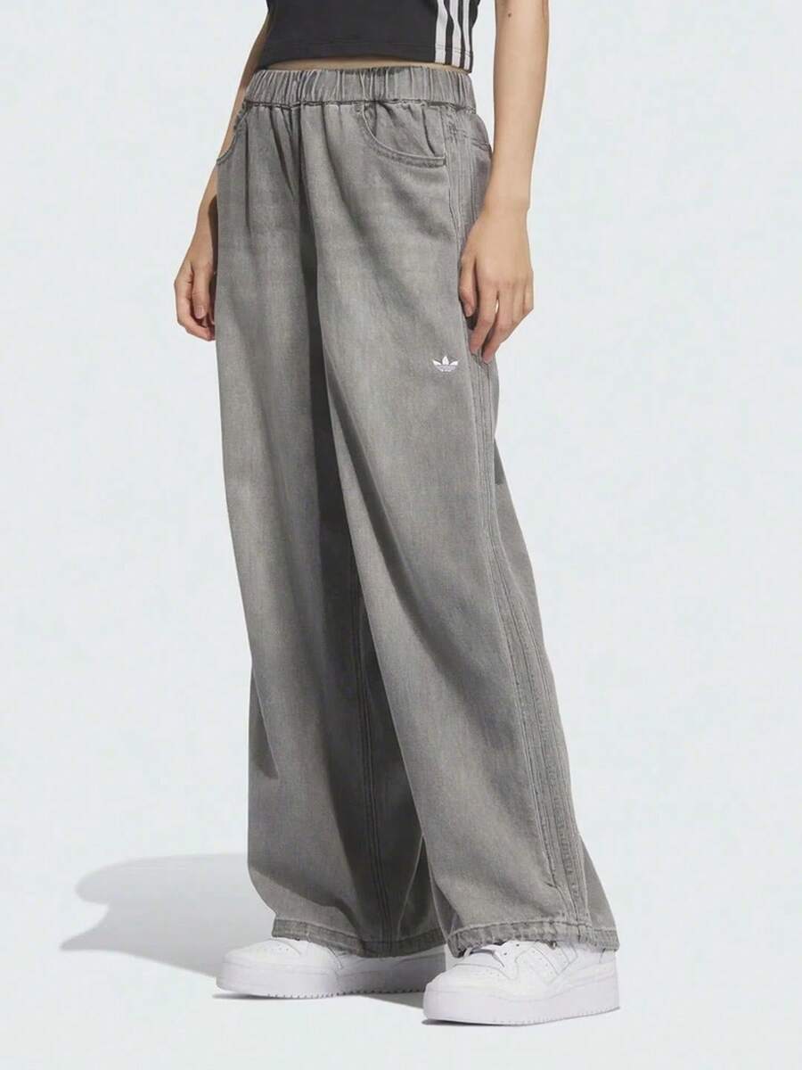 Adidas Three-Leaf Clover Women's Wide-Leg Jeans Curved Hem Pants - Medium Heather Gray - View 1