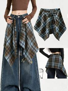 New Plaid High Waist Skirt With Decorative Drawstring Design, Unisex, Adjustable Tie, Ruffle Hem, Suitable For Home Wear, Autumn/Winter - Multicolor - View 1