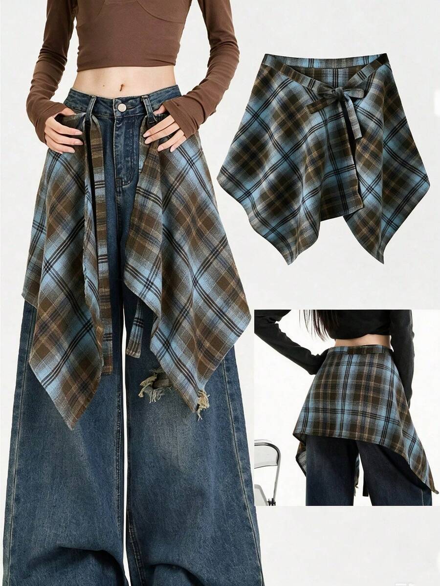 New Plaid High Waist Skirt With Decorative Drawstring Design, Unisex, Adjustable Tie, Ruffle Hem, Suitable For Home Wear, Autumn/Winter - Multicolor - View 1