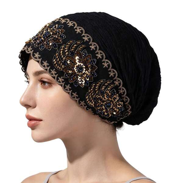 1pc Women's Lace Beaded Sequin Embellished Headscarf Hat Hair Accessory Bonnet