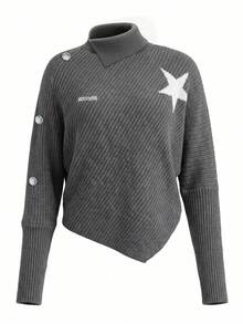 Korean Style Asymmetrical Design Loose Niche Cape High Neck Star Knit Sweater Pullover Top For Women, Autumn/Winter - Grey - View 6
