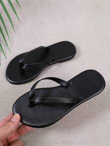 Black Solid Color Kids Flip Flop Sandals, Minimalist Thin Strap Flat Sole, Daily Indoor/Outdoor Wear, Girls Slip-On Flip Flops - Black - View 4