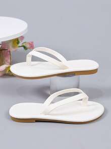 White Solid Color Kids Flip Flop Sandals, Minimalist Thin Strap Flat Sole, Daily Indoor/Outdoor Wear, Girls Slip-On Flip Flops - White - View 7