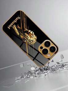 1件 DIY 定製姓名 黑金幾何切割獅王金線圖案 奢華電鍍金邊玻璃手機殼，適用於 Apple 17ProMax/16 Pro Max/15/14 Plus/13 Pro/12 Pro Max/11/XsMax/8/7/6Plus 手機配件，時尚、多彩、可愛、有趣、極簡、配色手機殼，個性化、獨特、定製，送給男友、祖父母的理想禮物，全覆蓋鏡頭防摔保護殼 - 金色 - 查看 3