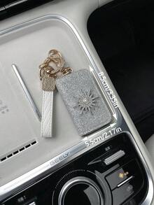 1pc Korean Style Fine Glitter Full Rhinestone Sun Car Key Pouch, Creative Rhinestone Diamond Grid Anti-Drop Key Chain, Premium Car Key Holder Pendant Wrist Strap, Universal Sparkling Car Key Protective Cover Storage Bag - A - View 6