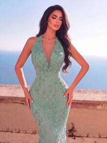 Sexy Halter Neck Sleeveless Backless Maxi Dress With Contrast Sequin Embellishments And Draping Details Wedding - Mint Green - View 5