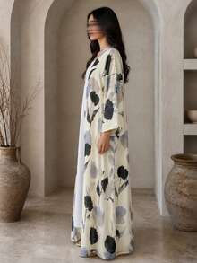 Hafizah Women's Printed Long Sleeve Hooded Robe Jacket With Headscarf, Abaya - Apricot - View 5